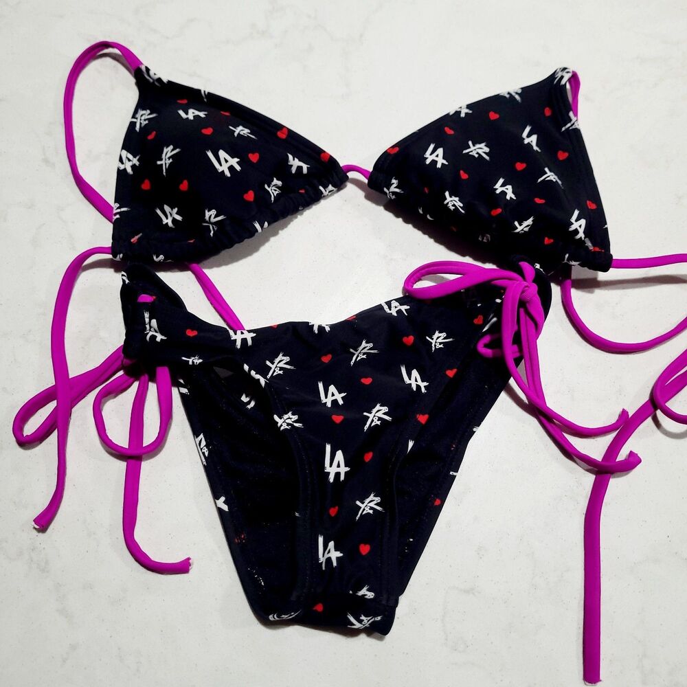 Young & Reckless LA Hearts Two Piece Black Bikini LOGO Size Small NWOT Y&R
